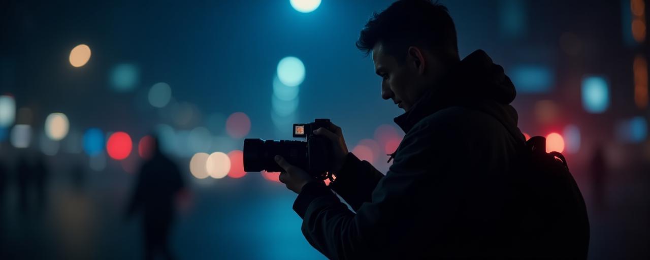 Dimly lit photojournalist at work in a city at night