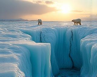 Melting glacier with wildlife in the background illustrating environmental change