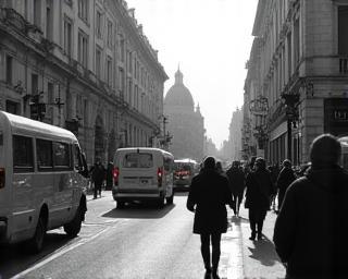 Busy London street captured in candid black and white photography